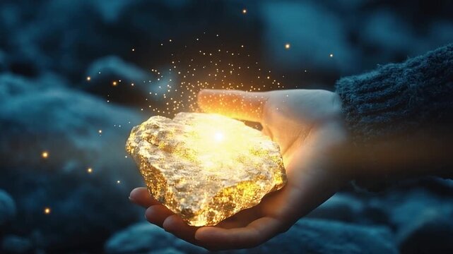 Golden Touch: A luminous golden nugget rests gently in a person's hand, surrounded by glowing particles, against a cool, ambient backdrop, evoking themes of discovery, value, and preciousness.