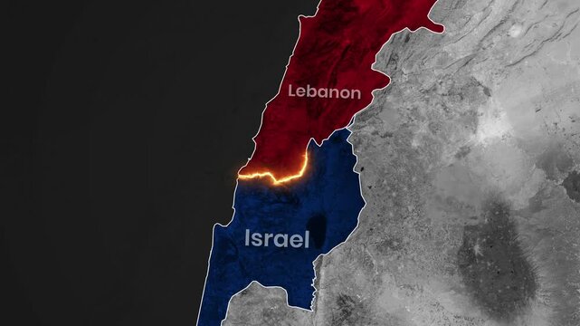 Intense glowing border between Lebanon and Israel on satellite map footage