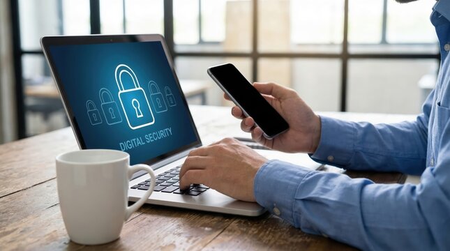 Man in blue shirt using laptop with digital security padlock on screen and holding smartphone on wooden desk with white coffee mug