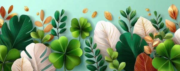 Obraz premium St. Patrick's Day shamrock and clover leaves frame with green and gold botanical design