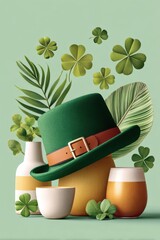 Obraz premium St. Patrick's Day background with green leprechaun hat, shamrocks and festive beer glasses