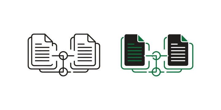 Minimal line icon of two documents linked by arrows with central node, file synchronization, document sharing, data transfer, version control, cloud storage workflow.