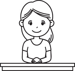 Obraz premium Hand Drawn Woman Sitting at Desk Black and White Avatar Illustration in Minimal Line Art Style Design