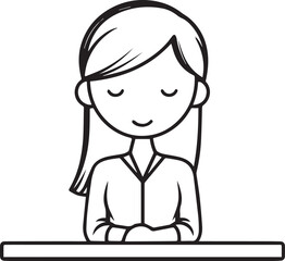 Obraz premium Hand Drawn Woman Sitting at Desk Black and White Avatar Illustration in Minimal Line Art Style Design