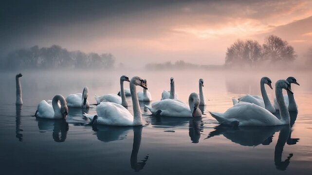 Flock of Swans Gracefully Swimming Across a Lake