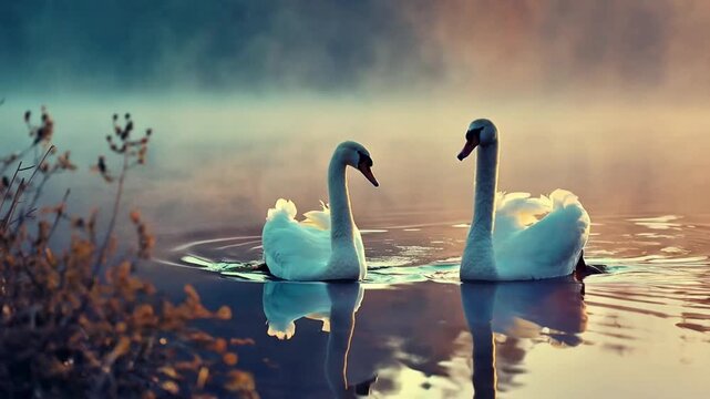 Flock of Swans Gracefully Swimming Across a Lake