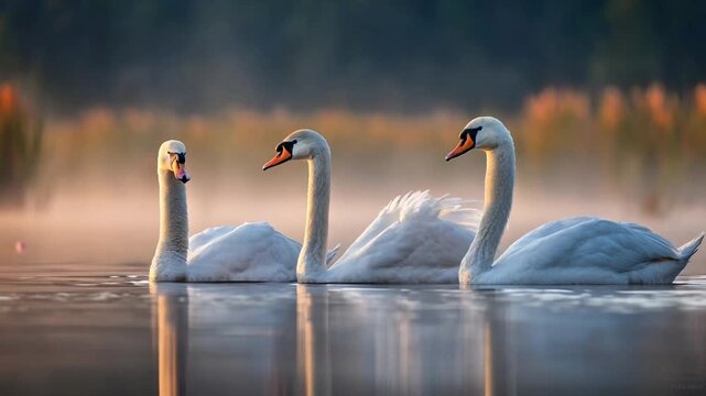 Flock of Swans Gracefully Swimming Across a Lake