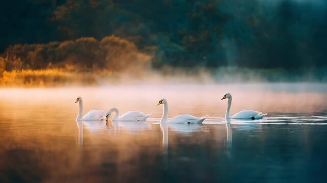 Flock of Swans Gracefully Swimming Across a Lake