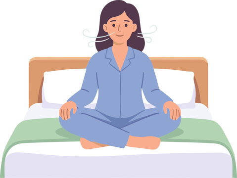 Woman meditates peacefully on bed in morning
