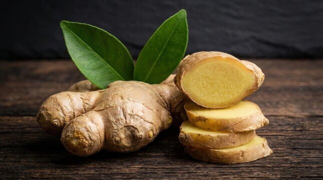 Sliced fresh ginger root on dark wooden surface with green leaf decor