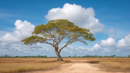 Fototapeta premium Majestic solitary tree in expansive landscape under blue sky with fluffy clouds, highlighting nature's beauty in harmony