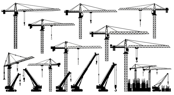 Construction Site Crane Collection: Diverse Tower and Mobile Cranes Silhouette