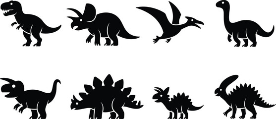 Naklejka premium Black dinosaur silhouettes collection featuring Tyrannosaurus, Triceratops, Pterodactyl, Brachiosaurus, Stegosaurus, Parasaurolophus, prehistoric animal poses for vector design illustration