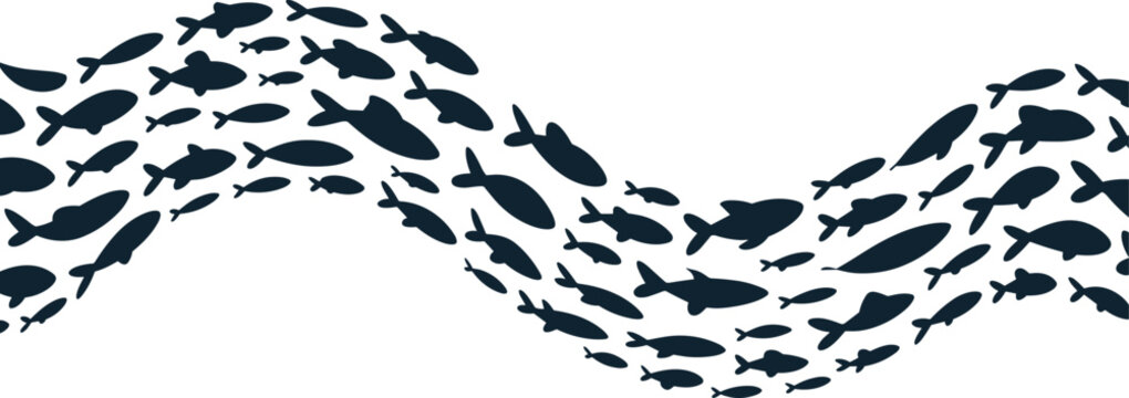 School of fish silhouettes swimming in wave formation, marine life vector illustration showing ocean wildlife movement and aquatic ecosystem design