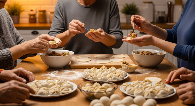 Multiple pairs of hands filling and folding dough to create fresh dumplings on a flour dusted wooden table in a cozy home kitchen