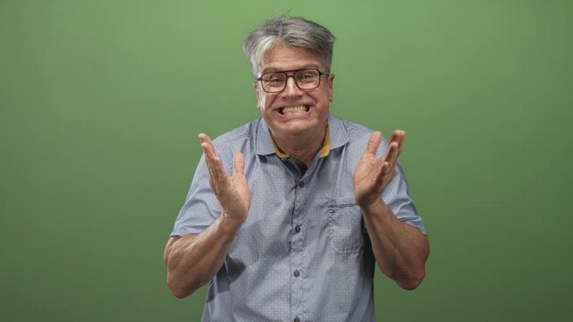 Man clapping hands and smiling with glasses and short sleeve shirt in studio green backdrop; applause joy.