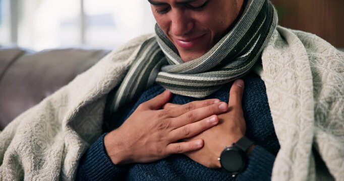 Sick, chest pain and hands of man in home with flu, virus infection or inflammation with allergies. Sofa, blanket and person with breathing problem, asthma or tuberculosis risk with illness in winter