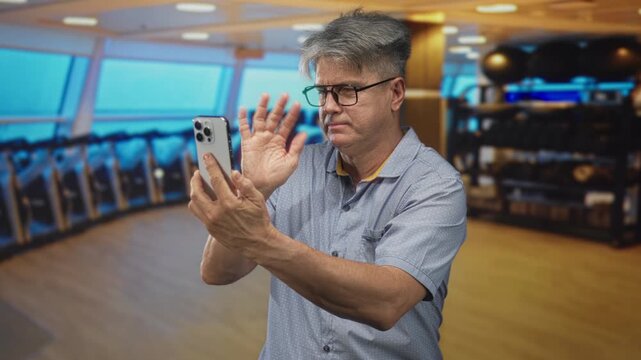 Man holding smartphone at arm length, tapping screen and waving hand while standing in a gym building with cardio machines and kettlebells visible; focus connection.
