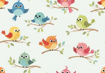 Naklejka premium Colorful birds sitting on branches with leaves