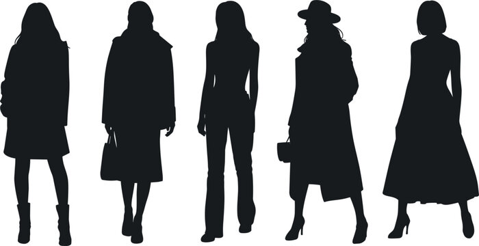 Fashion woman silhouettes vector, collection of stylish female models in winter coats and dresses for city design