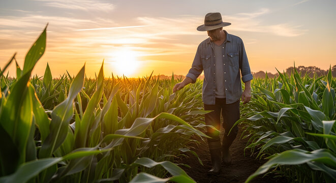 A male farmer wearing a straw hat walks through a lush green maize field touching the crops during a golden sunset