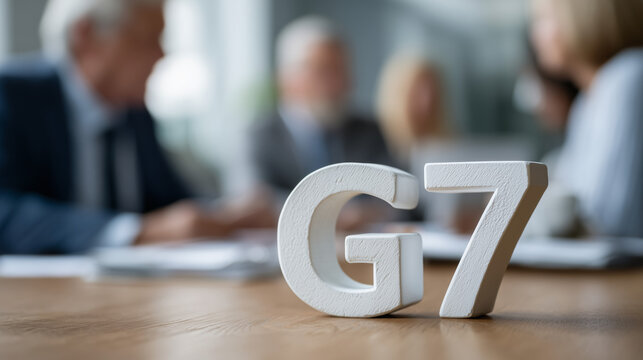 G7 Meeting: Focused on the G7 summit sign as a symbol of unity in a blurred background of the meeting, the atmosphere of discussion, and decision-making is in the background.