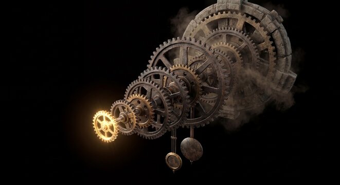 A tiny glowing golden gear initiates the movement of a massive clockwork system, visualizing the compound effect of small daily habits.