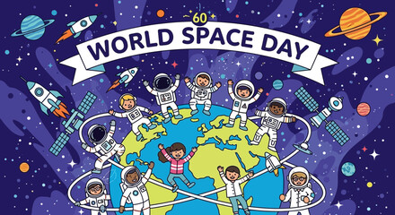 Fototapeta premium Children Celebrating World Space Day Around Earth with Astronauts and Rockets