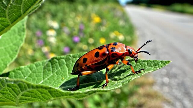 A colorful insect with black spots rests on a green leaf