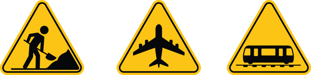 Yellow road sign vector set with construction work, airplane and train symbols for public safety warning design © Al