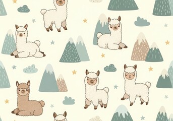 Fototapeta premium A pattern featuring cute cartoon llamas and mountains