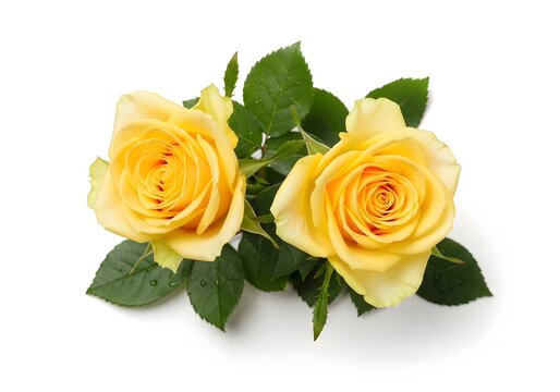Two bright yellow roses with green leaves on a white background