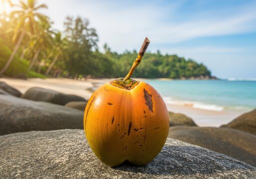 Coconut on a rock at a tropical beach with palm trees and ocean