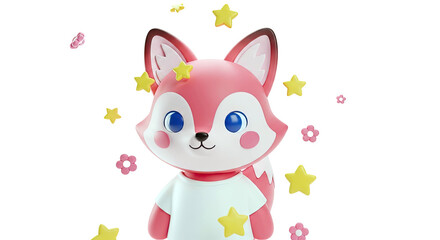 Obraz premium Cute Pink Fox Character with Stars and Flowers