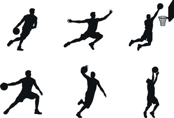 Professional basketball player vector silhouette set featuring athletes dunking, dribbling, and shooting isolated on white background © MdSayed