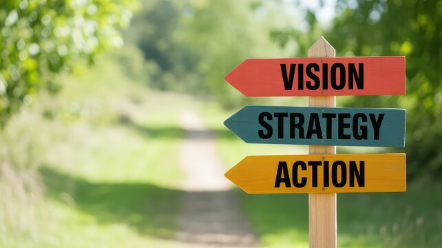 Colorful wooden signpost with Vision Strategy and Action arrows stands outdoors on a bright sunny green path pointing left offering clear inspirationa
