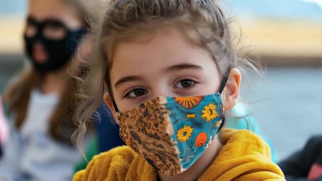 Masked Girl's Gaze: A close-up view of a young girl with an artistic face mask looks directly at the camera, her eyes filled with curiosity. She is a symbol of resilience and adaptation.