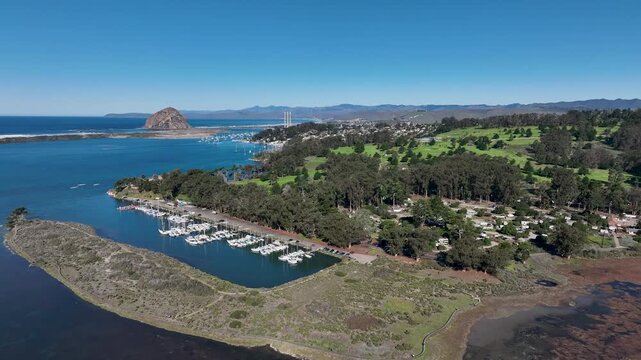 Aerial view Morro Bay at sunrise, California, USA. Moro Rock is a granite dome rock formation in Sequoia National Park, California, United States.