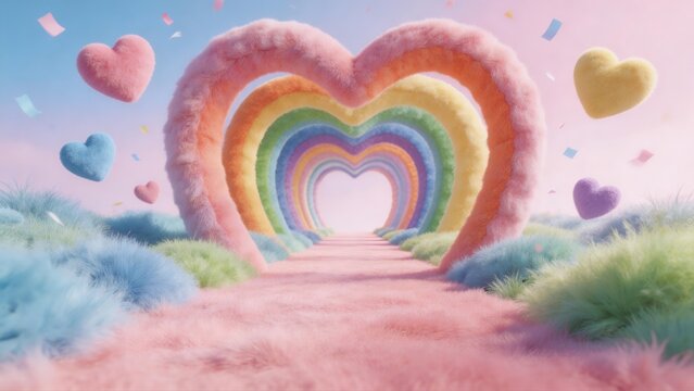 A fantastical scene of colorful balloons floating in a dreamy heart-shaped tunnel