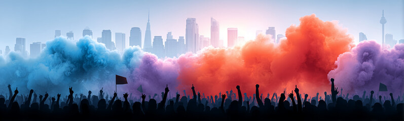 Fototapeta premium Color Smoke Celebration with City Skyline: A vibrant display of colorful smoke billows against the backdrop of a city skyline. Below, a crowd raises hands.
