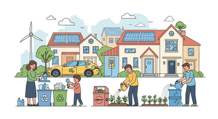 Flat Vector Illustration of People Engaging in Eco-Friendly Activities like Recycling and Gardening in a Sustainable Neighborhood