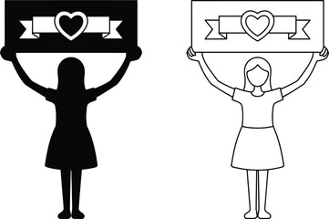 Woman silhouette holding sign with heart ribbon banner flat vector illustration for love greetings © MOSTLAKI