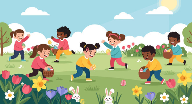 Happy Children Playing Easter Egg Hunt in a Sunny Spring Garden with Blooming Flowers
