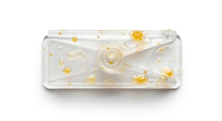 Greasy hair clip with oil droplets isolated on white background, featuring a transparent design and scattered pattern, casting soft shadows