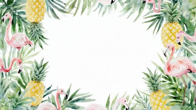 Tropical Flamingo and Pineapple Border with Lush Greenery.