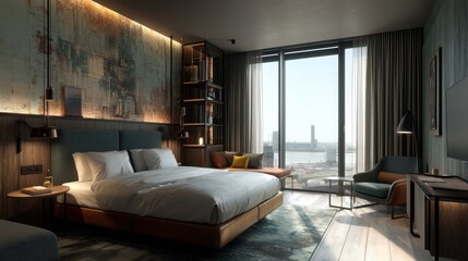 Fototapeta premium Modern hotel room interior design featuring large windows and contemporary furnishings with city view and natural light