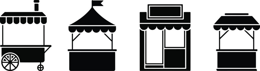 Outdoor market kiosk silhouettes including mobile food carts and festival booth stands for retail © MOSTLAKI