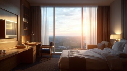 Fototapeta premium Cozy hotel room with modern furnishings and large window showcasing beautiful sunset view over city skyline