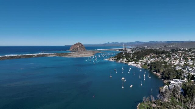 Aerial view Morro Bay at sunrise, California, USA. Moro Rock is a granite dome rock formation in Sequoia National Park, California, United States.