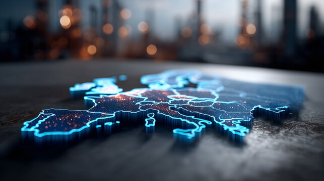 Europe's Digital Embrace: A luminous digital outline of Europe, symbolizing connectivity and technological advancement, glows against a blurred industrial backdrop.
